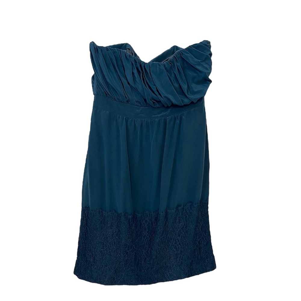 Shoshanna | Teal Silk Strapless Feminine Chic Cocktail Midi Dress Size 6 - Picture 3 of 4